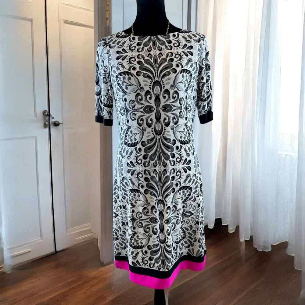 Eliza J Black & White Damask Pattern Dress with Pink Trim, Size 8 Short Sleeve S